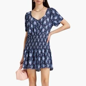 LoveShackFancy Brickell Blue Gathered Floral Print Crepe Mini Dress Size Large